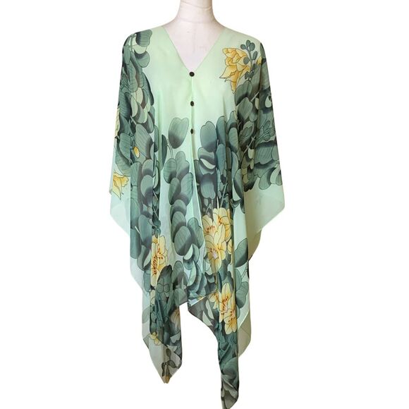 Tops - Green Floral Sheer Kaftan Poncho Top Lightweight Summer Cover Up One Size